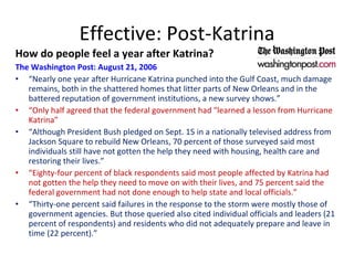 Effective: Post-Katrina How do people feel a year after Katrina?  The Washington Post: August 21, 2006 “ Nearly one year after Hurricane Katrina punched into the Gulf Coast, much damage remains, both in the shattered homes that litter parts of New Orleans and in the battered reputation of government institutions, a new survey shows.”  “ Only half agreed that the federal government had "learned a lesson from Hurricane Katrina”  “ Although President Bush pledged on Sept. 15 in a nationally televised address from Jackson Square to rebuild New Orleans, 70 percent of those surveyed said most individuals still have not gotten the help they need with housing, health care and restoring their lives.”  “ Eighty-four percent of black respondents said most people affected by Katrina had not gotten the help they need to move on with their lives, and 75 percent said the federal government had not done enough to help state and local officials.” “ Thirty-one percent said failures in the response to the storm were mostly those of government agencies. But those queried also cited individual officials and leaders (21 percent of respondents) and residents who did not adequately prepare and leave in time (22 percent).” 