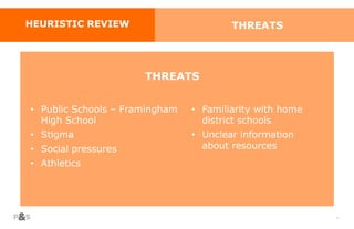 37
THREATS
• Public Schools – Framingham
High School
• Stigma
• Social pressures
• Athletics
• Familiarity with home
district schools
• Unclear information
about resources
THREATSHEURISTIC REVIEW
 