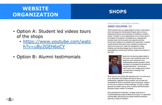 43
WEBSITE
ORGANIZATION
SHOPS
• Option A: Student led videos tours
of the shops
• https://www.youtube.com/watc
h?v=uBy2GEH6eCY
• Option B: Alumni testimonials
 