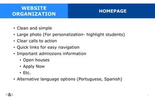 45
WEBSITE
ORGANIZATION
HOMEPAGE
• Clean and simple
• Large photo (For personalization- highlight students)
• Clear calls to action
• Quick links for easy navigation
• Important admissions information
• Open houses
• Apply Now
• Etc.
• Alternative language options (Portuguese, Spanish)
 