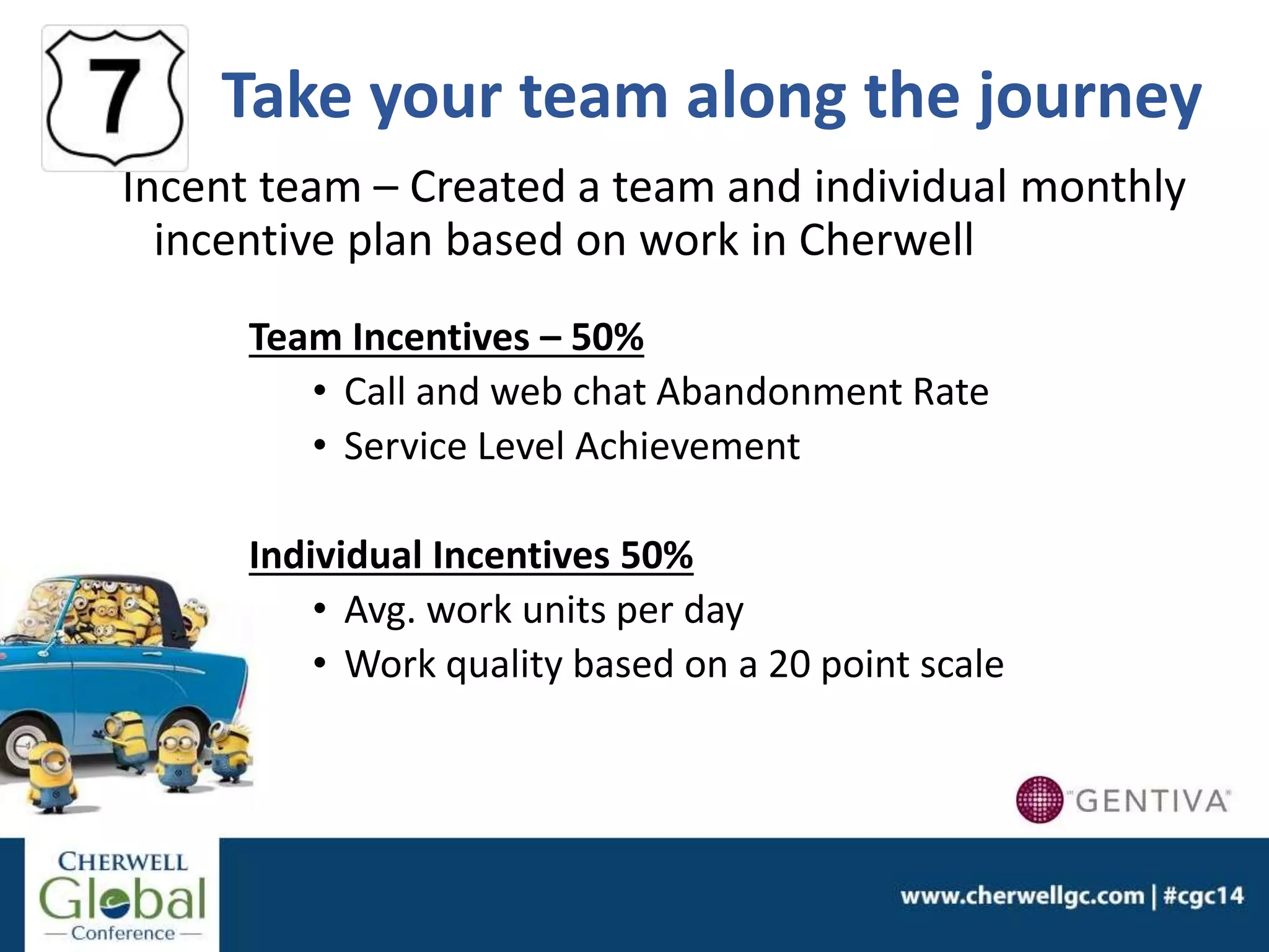 Take your team along the journey
Incent team – Created a team and individual monthly
incentive plan based on work in Cherwell
Team Incentives – 50%
• Call and web chat Abandonment Rate
• Service Level Achievement
Individual Incentives 50%
• Avg. work units per day
• Work quality based on a 20 point scale
 