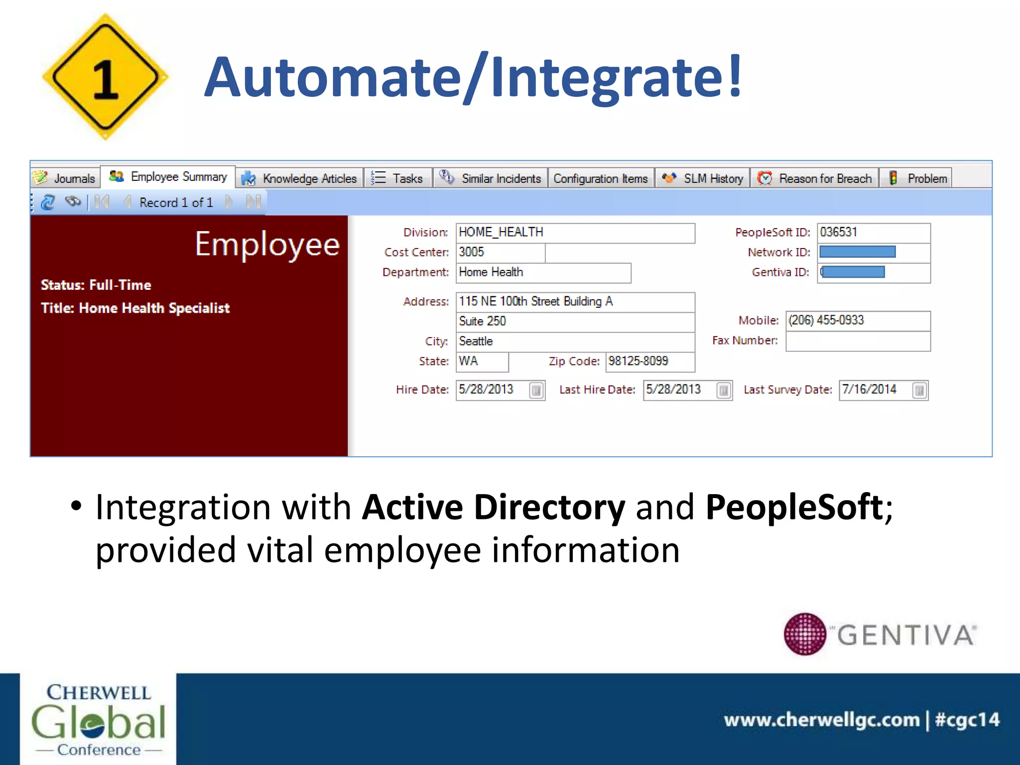 • Integration with Active Directory and PeopleSoft;
provided vital employee information
Automate/Integrate!
 