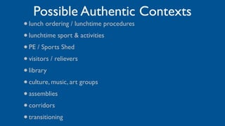 Possible Authentic Contexts
• lunch ordering / lunchtime procedures
• lunchtime sport & activities
• PE / Sports Shed
• visitors / relievers
• library
• culture, music, art groups
• assemblies
• corridors
• transitioning
 