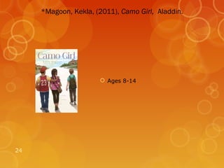 *Magoon, Kekla, (2011), Camo Girl, Aladdin.




                       Ages 8-14




24
 
