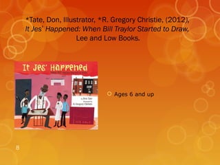 *Tate, Don, Illustrator, *R. Gregory Christie, (2012),
    It Jes’ Happened: When Bill Traylor Started to Draw,
                     Lee and Low Books.




                               Ages 6 and up




8
 