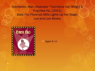 Schroeder, Alan, Illustrator *Cornelius Van Wright &
                   Ying-Hwa Hu, (2012),
       Baby Flo: Florence Mills Lights Up the Stage,
                    Lee and Low Books.




                          Ages 6-11




9
 