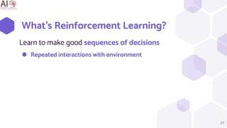 What’s Reinforcement Learning?
Learn to make good sequences of decisions
⬢ Repeated interactions with environment
27
 