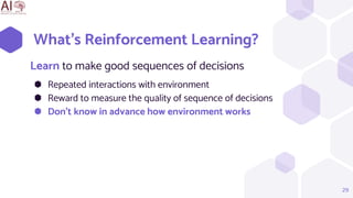 What’s Reinforcement Learning?
Learn to make good sequences of decisions
⬢ Repeated interactions with environment
⬢ Reward to measure the quality of sequence of decisions
⬢ Don’t know in advance how environment works
29
 
