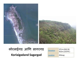 कोरलाईगड आिण सागरगड
  र ई ड      स र ड       Elevation
                                     275 m (915 ft)
                                     452m (1357ft )

 Korlaigadand Sagargad   Location    Alibaug
 