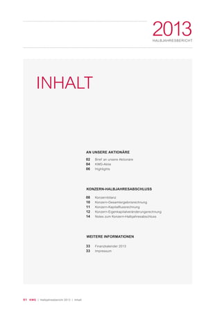 01 KWG | Halbjahresbericht 2013 | Inhalt
2013HALBJAHRESBERICHT
INHALT
02
04
06
Brief an unsere Aktionäre
KWG-Aktie
Highlights
33
33
Finanzkalender 2013
Impressum
08
10
11
12
14
Konzernbilanz
Konzern-Gesamtergebnisrechnung
Konzern-Kapitalflussrechnung
Konzern-Eigenkapitalveränderungsrechnung
Notes zum Konzern-Halbjahresabschluss
AN UNSERE AKTIONÄRE
KONZERN-HALBJAHRESABSCHLUSS
WEITERE INFORMATIONEN
 