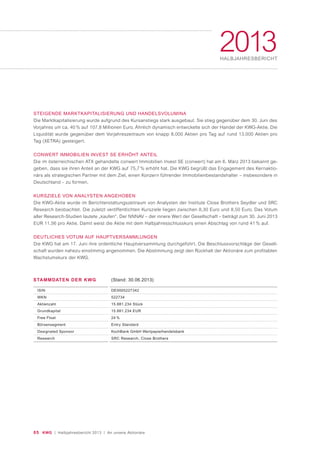 05 KWG | Halbjahresbericht 2013 | An unsere Aktionäre
2013HALBJAHRESBERICHT
STEIGENDE MARKTKAPITALISIERUNG UND HANDELSVOLUMINA
Die Marktkapitalisierung wurde aufgrund des Kursanstiegs stark ausgebaut. Sie stieg gegenüber dem 30. Juni des
Vorjahres um ca. 40 % auf 107,8 Millionen Euro. Ähnlich dynamisch entwickelte sich der Handel der KWG-Aktie. Die
Liquidität wurde gegenüber dem Vorjahreszeitraum von knapp 8.000 Aktien pro Tag auf rund 13.000 Aktien pro
Tag (XETRA) gesteigert.
CONWERT IMMOBILIEN INVEST SE ERHÖHT ANTEIL
Die im österreichischen ATX gehandelte conwert Immobilien Invest SE (conwert) hat am 6. März 2013 bekannt ge-
geben, dass sie ihren Anteil an der KWG auf 75,7 % erhöht hat. Die KWG begrüßt das Engagement des Kernaktio-
närs als strategischen Partner mit dem Ziel, einen Konzern führender Immobilienbestandshalter – insbesondere in
Deutschland – zu formen.
KURSZIELE VON ANALYSTEN ANGEHOBEN
Die KWG-Aktie wurde im Berichterstattungszeitraum von Analysten der Institute Close Brothers Seydler und SRC
Research beobachtet. Die zuletzt veröffentlichten Kursziele liegen zwischen 8,30 Euro und 8,50 Euro. Das Votum
aller Research-Studien lautete „kaufen“. Der NNNAV – der innere Wert der Gesellschaft – beträgt zum 30. Juni 2013
EUR 11,56 pro Aktie. Damit weist die Aktie mit dem Halbjahresschlusskurs einen Abschlag von rund 41 % auf.
DEUTLICHES VOTUM AUF HAUPTVERSAMMLUNGEN
Die KWG hat am 17. Juni ihre ordentliche Hauptversammlung durchgeführt. Die Beschlussvorschläge der Gesell-
schaft wurden nahezu einstimmig angenommen. Die Abstimmung zeigt den Rückhalt der Aktionäre zum profitablen
Wachstumskurs der KWG.
STAMMDATEN DER KWG
ISIN
WKN
Aktienzahl
Grundkapital
Free Float
Börsensegment
Designated Sponsor
Research
(Stand: 30.06.2013)
DE0005227342
522734
15.881.234 Stück
15.881.234 EUR
24 %
Entry Standard
KochBank GmbH Wertpapierhandelsbank
SRC Research, Close Brothers
 