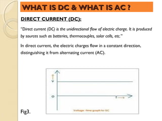 WHAT IS DC & WHAT IS AC ?
DIRECT CURRENT (DC):
“Direct current (DC) is the unidirectional flow of electric charge. It is produced
by sources such as batteries, thermocouples, solar cells, etc.”

In direct current, the electric charges flow in a constant direction,
distinguishing it from alternating current (AC).




Fig3.
 