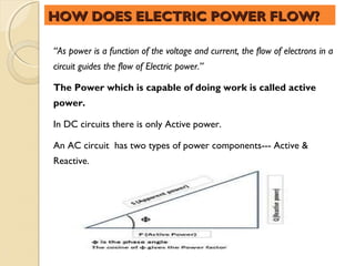 HOW DOES ELECTRIC POWER FLOW?

“As power is a function of the voltage and current, the flow of electrons in a
circuit guides the flow of Electric power.”

The Power which is capable of doing work is called active
power.

In DC circuits there is only Active power.

An AC circuit has two types of power components--- Active &
Reactive.
 