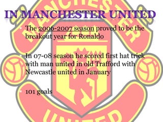  Conclusion biographyCristiano Ronaldo was born in 1985,in Portugal. He was  a football player, He played  in Manchester united, and he is playing in real Madrid clubHe is one of  the best football player in the world.With high skills in scoring goalsHe is famous that he can score goals no matter the distance from the goal.