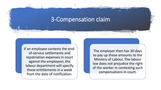 3-Compensation claim
If an employee contests the end-
of-service settlements and
repatriation expenses in court
against the employeer, the
labour department will specify
these entitlements in a week
from the date of notification.
The employer then has 30 days
to pay up these amounts to the
Ministry of Labour. The labour
law does not prejudice the right
of the worker in contesting such
compensations in court.
 