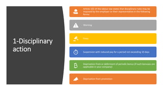 1-Disciplinary
action
Article 102 of the labour law states that disciplinary rules may be
imposed by the employer or their representative in the following
forms:
Warning
Fines
Suspension with reduced pay for a period not exceeding 10 days
Deprivation from or deferment of periodic bonus (if such bonuses are
applicable in your company)
Deprivation from promotion
 