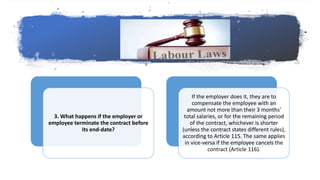 3. What happens if the employer or
employee terminate the contract before
its end-date?
If the employer does it, they are to
compensate the employee with an
amount not more than their 3 months'
total salaries, or for the remaining period
of the contract, whichever is shorter
(unless the contract states different rules),
according to Article 115. The same applies
in vice-versa if the employee cancels the
contract (Article 116).
 