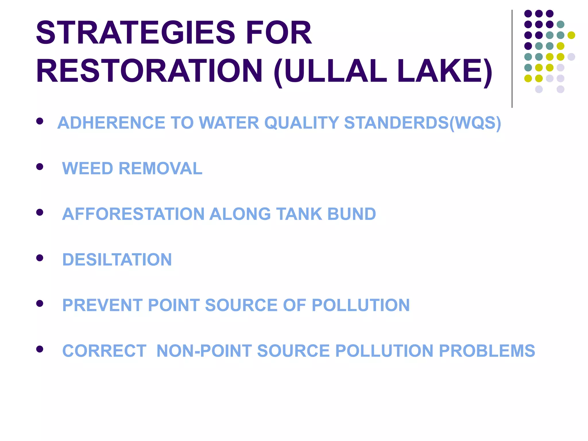 STRATEGIES FOR
RESTORATION (ULLAL LAKE)
 ADHERENCE TO WATER QUALITY STANDERDS(WQS)
 WEED REMOVAL
 AFFORESTATION ALONG TANK BUND
 DESILTATION
 PREVENT POINT SOURCE OF POLLUTION
 CORRECT NON-POINT SOURCE POLLUTION PROBLEMS
 