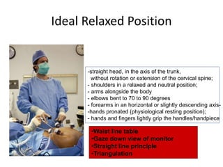 Ideal Relaxed Position
-straight head, in the axis of the trunk,
without rotation or extension of the cervical spine;
- shoulders in a relaxed and neutral position;
- arms alongside the body
- elbows bent to 70 to 90 degrees
- forearms in an horizontal or slightly descending axis-
-hands pronated (physiological resting position);
- hands and fingers lightly grip the handles/handpiece
•Waist line table
•Gaze down view of monitor
•Straight line principle
•Triangulation
 