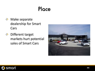 Place
Make separate
dealership for Smart
Cars
Different target
markets hurt potential
sales of Smart Cars




            ...