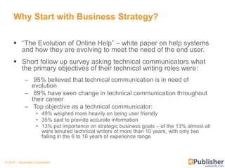 Why Start with Business Strategy?

      ―The Evolution of Online Help‖ – white paper on help systems
       and how they are evolving to meet the need of the end user.
      Short follow up survey asking technical communicators what
       the primary objectives of their technical writing roles were:
            – 95% believed that technical communication is in need of
              evolution
            – 89% have seen change in technical communication throughout
              their career
            – Top objective as a technical communicator:
                    • 49% weighed more heavily on being user friendly
                    • 35% said to provide accurate information
                    • 13% put importance on strategic business goals – of the 13% almost all
                      were tenured technical writers of more than 10 years, with only two
                      falling in the 6 to 10 years of experience range



© 2012 – Quadralay Corporation
 