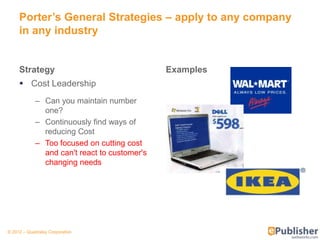 Porter’s General Strategies – apply to any company
     in any industry


     Strategy                                 Examples
      Cost Leadership
            – Can you maintain number
              one?
            – Continuously find ways of
              reducing Cost
            – Too focused on cutting cost
              and can't react to customer's
              changing needs




© 2012 – Quadralay Corporation
 