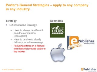 Porter’s General Strategies – apply to any company
     in any industry


     Strategy                                  Examples
      Differentiation Strategy
            – Have to always be different
              from the competition
              (ecosystem)
            – Have to be able to clearly
              deliver your value message
            – Focusing efforts on a feature
              that does not provide value to
              the market




© 2012 – Quadralay Corporation
 