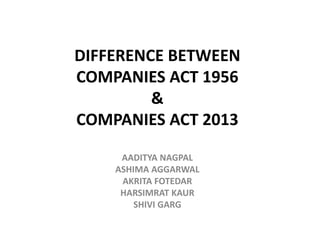 DIFFERENCE BETWEEN
COMPANIES ACT 1956
&
COMPANIES ACT 2013
AADITYA NAGPAL
ASHIMA AGGARWAL
AKRITA FOTEDAR
HARSIMRAT KAUR
SHIVI GARG
 