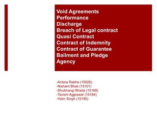 -Antara Rabha (15026)
-Nishant Bhati (15101)
-Shubhangi Bhatia (15168)
-Tavishi Aggrawal (15184)
-Yatin Singh (15195)
Void Agreements
Performance
Discharge
Breach of Legal contract
Quasi Contract
Contract of Indemnity
Contract of Guarantee
Bailment and Pledge
Agency
 