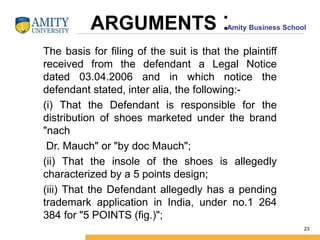 Amity Business SchoolARGUMENTS :
The basis for filing of the suit is that the plaintiff
received from the defendant a Legal Notice
dated 03.04.2006 and in which notice the
defendant stated, inter alia, the following:-
(i) That the Defendant is responsible for the
distribution of shoes marketed under the brand
"nach
Dr. Mauch" or "by doc Mauch";
(ii) That the insole of the shoes is allegedly
characterized by a 5 points design;
(iii) That the Defendant allegedly has a pending
trademark application in India, under no.1 264
384 for "5 POINTS (fig.)";
23
 