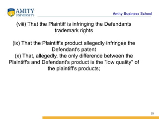 Amity Business School
(viii) That the Plaintiff is infringing the Defendants
trademark rights
(ix) That the Plaintiff's product allegedly infringes the
Defendant's patent
(x) That, allegedly, the only difference between the
Plaintiff's and Defendant's product is the "low quality" of
the plaintiff's products;
25
 