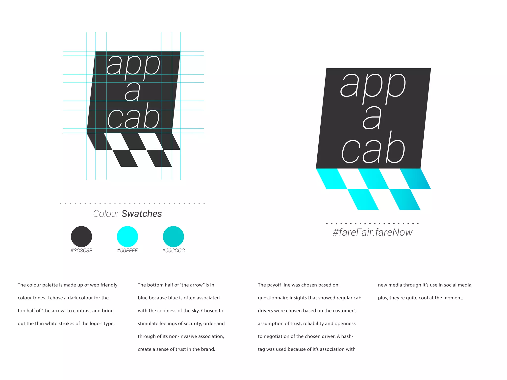 app
a
cab
#fareFair.fareNow
app
a
cab
Colour Swatches
#3C3C3B #00FFFF #00CCCC
The colour palette is made up of web friendly
colour tones. I chose a dark colour for the
top half of “the arrow” to contrast and bring
out the thin white strokes of the logo’s type.
The bottom half of “the arrow” is in
blue because blue is often associated
with the coolness of the sky. Chosen to
stimulate feelings of security, order and
through of its non-invasive association,
create a sense of trust in the brand.
The payoff line was chosen based on
questionnaire insights that showed regular cab
drivers were chosen based on the customer’s
assumption of trust, reliability and openness
to negotiation of the chosen driver. A hash-
tag was used because of it’s association with
new media through it’s use in social media,
plus, they’re quite cool at the moment.
 