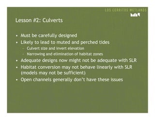 Lesson #2: Culverts
• Must be carefully designed
• Likely to lead to muted and perched tides
– Culvert size and invert elevation
– Narrowing and elimination of habitat zones
• Adequate designs now might not be adequate with SLR• Adequate designs now might not be adequate with SLR
• Habitat conversion may not behave linearly with SLR
(models may not be sufficient)
• Open channels generally don’t have these issues
 