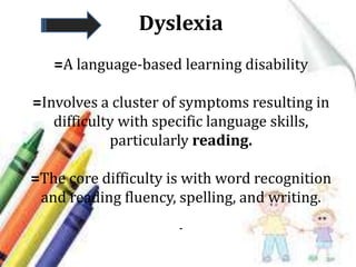 Dyslexia
=A language-based learning disability
=Involves a cluster of symptoms resulting in
difficulty with specific language skills,
particularly reading.
=The core difficulty is with word recognition
and reading fluency, spelling, and writing.
-
 