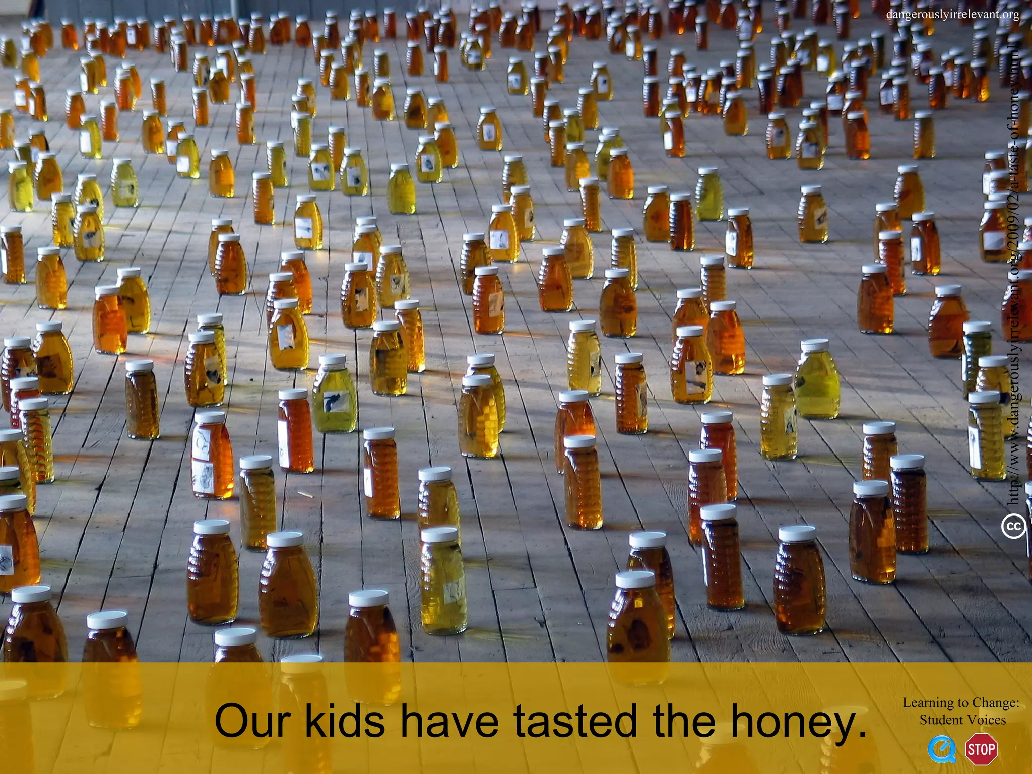 dangerouslyirrelevant.org




                                                       http://www.dangerouslyirrelevant.org/2009/02/a-taste-of-honey.html
Our kids have tasted the honey.
                                     Learning to Change:
                                       Student Voices
 