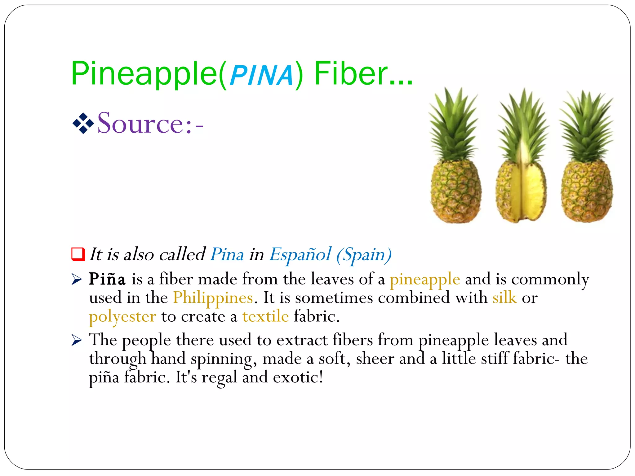 Pineapple( PINA ) Fiber…  Source:- It is also called  Pina  in  Español (Spain) Piña  is a fiber made from the leaves of a  pineapple  and is commonly used in the  Philippines . It is sometimes combined with  silk  or  polyester  to create a  textile  fabric. The people there used to extract fibers from pineapple leaves and through hand spinning, made a soft, sheer and a little stiff fabric- the piña fabric. It's regal and exotic! 
