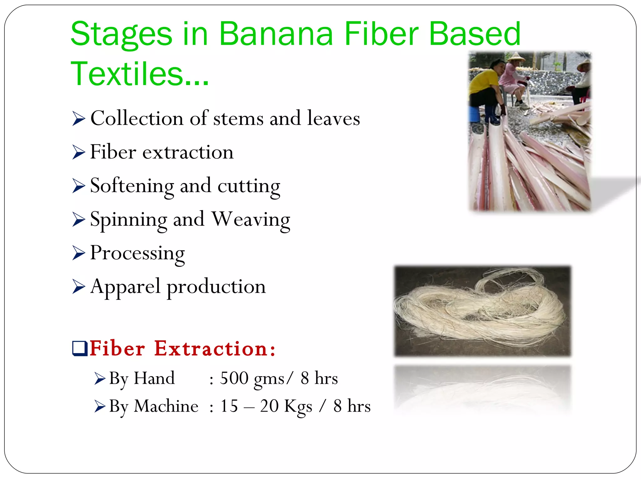 Stages in Banana Fiber Based Textiles… Collection of stems and leaves Fiber extraction Softening and cutting Spinning and Weaving Processing Apparel production Fiber Extraction: By Hand    : 500 gms/ 8 hrs By Machine  : 15 – 20 Kgs / 8 hrs 