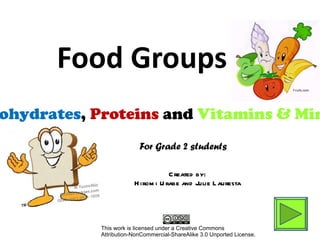 Food Groups
                                                                        f-ruits.com




ohydrates, Proteins and Vitamins & Min
                         For Grade 2 students

                                   C reated by:
                       H irom i U rabe and Julie L auresta




           This work is licensed under a Creative Commons
           Attribution-NonCommercial-ShareAlike 3.0 Unported License.
 