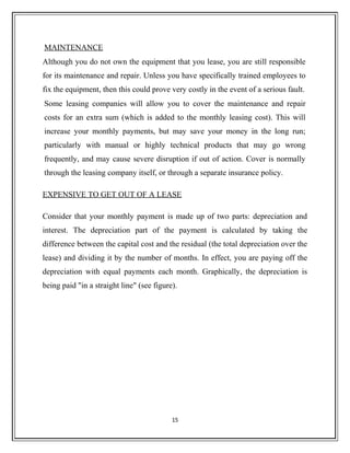 MAINTENANCE
Although you do not own the equipment that you lease, you are still responsible
for its maintenance and repair. Unless you have specifically trained employees to
fix the equipment, then this could prove very costly in the event of a serious fault.
Some leasing companies will allow you to cover the maintenance and repair
costs for an extra sum (which is added to the monthly leasing cost). This will
increase your monthly payments, but may save your money in the long run;
particularly with manual or highly technical products that may go wrong
frequently, and may cause severe disruption if out of action. Cover is normally
through the leasing company itself, or through a separate insurance policy.
EXPENSIVE TO GET OUT OF A LEASE
Consider that your monthly payment is made up of two parts: depreciation and
interest. The depreciation part of the payment is calculated by taking the
difference between the capital cost and the residual (the total depreciation over the
lease) and dividing it by the number of months. In effect, you are paying off the
depreciation with equal payments each month. Graphically, the depreciation is
being paid "in a straight line" (see figure).
15
 