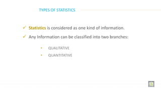 TYPES OF STATISTICS
 Statistics is considered as one kind of information.
 Any Information can be classified into two branches:
• QUALITATIVE
• QUANTITATIVE
 
