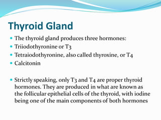 Thyroid Gland
 The thyroid gland produces three hormones:
 Triiodothyronine or T3
 Tetraiodothyronine, also called thyroxine, or T4
 Calcitonin
 Strictly speaking, only T3 and T4 are proper thyroid
hormones. They are produced in what are known as
the follicular epithelial cells of the thyroid, with iodine
being one of the main components of both hormones
 