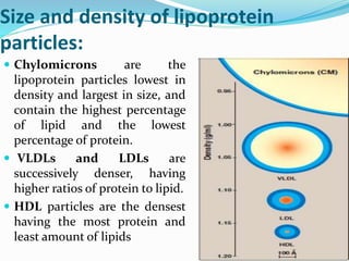 Size and density of lipoprotein
particles:
 Chylomicrons are the
lipoprotein particles lowest in
density and largest in size, and
contain the highest percentage
of lipid and the lowest
percentage of protein.
 VLDLs and LDLs are
successively denser, having
higher ratios of protein to lipid.
 HDL particles are the densest
having the most protein and
least amount of lipids
 