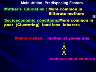 Mother’s Education : More common in
illiterate mothers
Socioeconomic conditions:More common in
poor (Clustering) land less laborers
Malnourished mother at young age
malnourished children
Malnutrition; Predisposing Factors
 