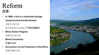 • In 1986, a fire in a chemicals storage
caused environmental disaster
1986年,瑞士某
化学仓库的大火造成了严重环境影响
• Rhine Action Program
莱...