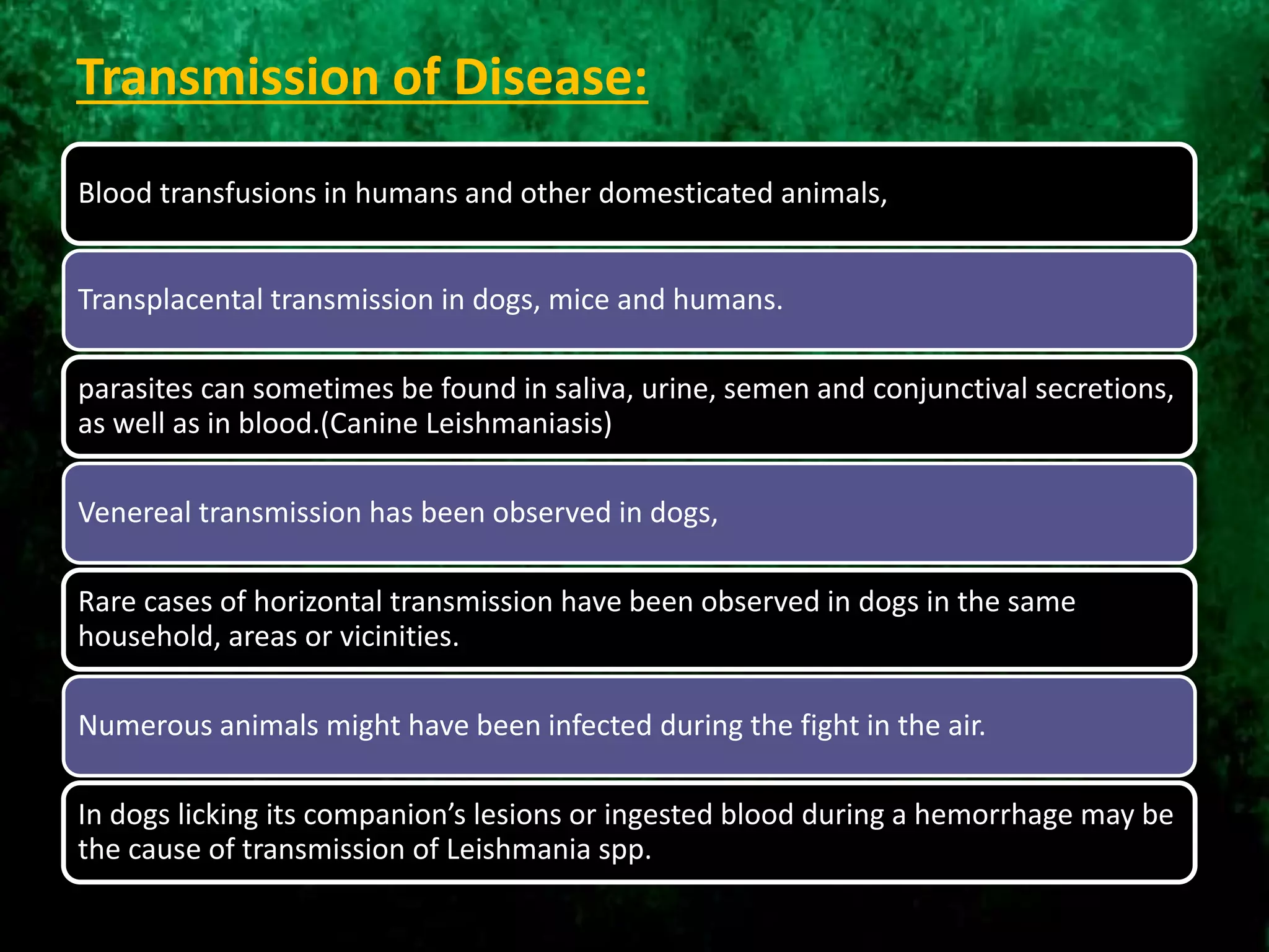 Transmission of Disease:
Blood transfusions in humans and other domesticated animals,
Transplacental transmission in dogs, mice and humans.
parasites can sometimes be found in saliva, urine, semen and conjunctival secretions,
as well as in blood.(Canine Leishmaniasis)
Venereal transmission has been observed in dogs,
Rare cases of horizontal transmission have been observed in dogs in the same
household, areas or vicinities.
Numerous animals might have been infected during the fight in the air.
In dogs licking its companion’s lesions or ingested blood during a hemorrhage may be
the cause of transmission of Leishmania spp.
 