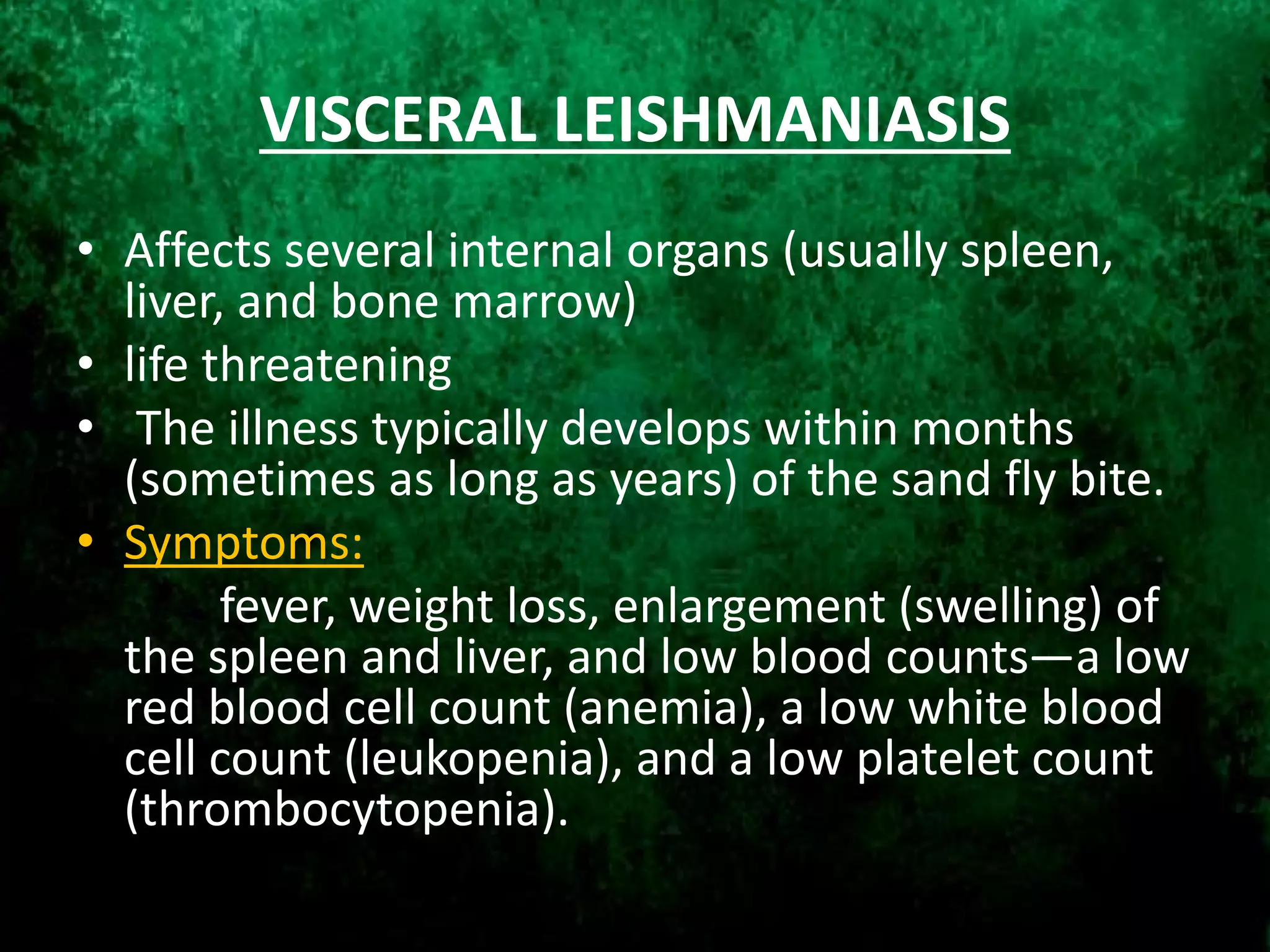 VISCERAL LEISHMANIASIS
• Affects several internal organs (usually spleen,
liver, and bone marrow)
• life threatening
• The illness typically develops within months
(sometimes as long as years) of the sand fly bite.
• Symptoms:
fever, weight loss, enlargement (swelling) of
the spleen and liver, and low blood counts—a low
red blood cell count (anemia), a low white blood
cell count (leukopenia), and a low platelet count
(thrombocytopenia).
 