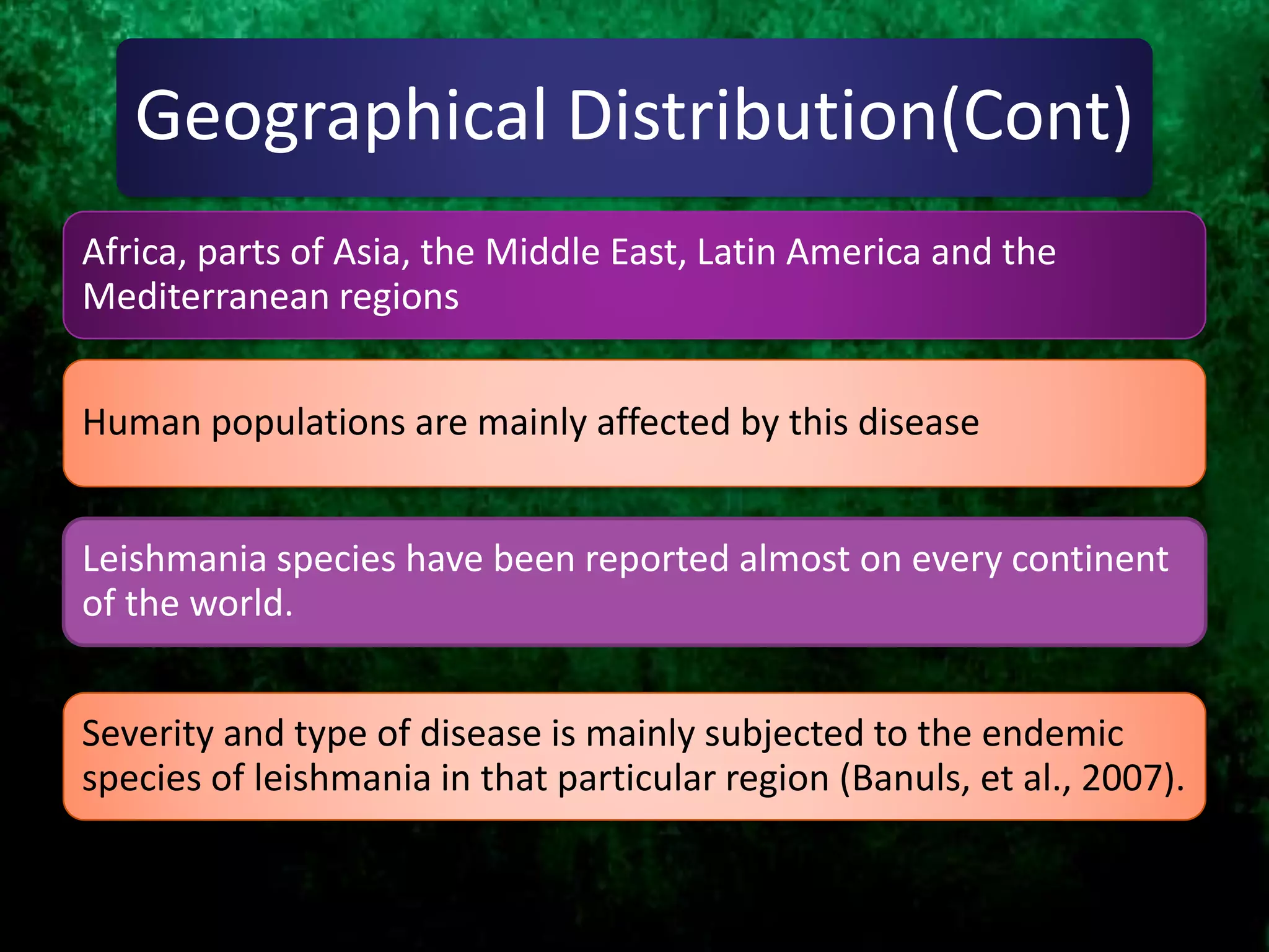Geographical Distribution(Cont)
Leishmania species have been reported almost on every continent
of the world.
Human populations are mainly affected by this disease
Africa, parts of Asia, the Middle East, Latin America and the
Mediterranean regions
Severity and type of disease is mainly subjected to the endemic
species of leishmania in that particular region (Banuls, et al., 2007).
 