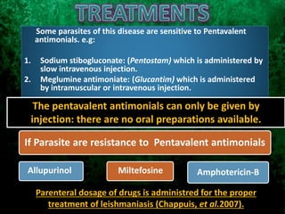 Amphotericin-B
If Parasite are resistance to Pentavalent antimonials
l
Allupurinol Miltefosine
Some parasites of this disease are sensitive to Pentavalent
antimonials. e.g:
1. Sodium stibogluconate: (Pentostam) which is administered by
slow intravenous injection.
2. Meglumine antimoniate: (Glucantim) which is administered
by intramuscular or intravenous injection.
Parenteral dosage of drugs is administred for the proper
treatment of leishmaniasis (Chappuis, et al.2007).
The pentavalent antimonials can only be given by
injection: there are no oral preparations available.
 