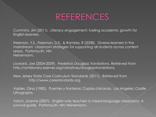 Cummins, Jim (2011). Literacy engagement: fueling academic growth for
English learners.

Freeman, Y.S., Freeman, D.E., & Ramirez, R (2008). Diverse learners in the
mainstream classroom strategies for supporting all students across content
areas. Portsmouth, NH:
Heinemann.

Lockard, Joe (2004-2009). Frederick Douglass Translations. Retrieved from
http://antislavery.eserver.org/narratives/douglasstranslations.

New Jersey State Core Curriculum Standards (2011). Retrieved from
        http://www.corestandards.org.

Valdes, Gina (1982). Puentes y fronteras: Coplas chicanas. Los Angeles: Castle
Lithographs.

Yatvin, Joanne (2007). English-only teachers in mixed-language classrooms: A
survival guide. Portsmouth, NH: Heinemann.
 