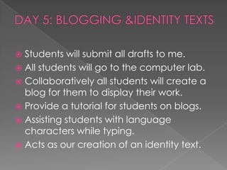  Students will submit all drafts to me.
 All students will go to the computer lab.
 Collaboratively all students will create a
  blog for them to display their work.
 Provide a tutorial for students on blogs.
 Assisting students with language
  characters while typing.
 Acts as our creation of an identity text.
 
